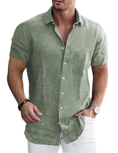 Elanbells Mens Linen Dress Shirt Beach Untucked Wrinkle Free Lightweight Shirt Green