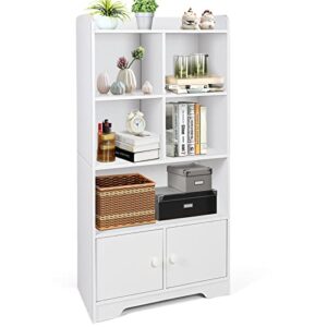 giantex 4-tier bookcase with doors, 47.5" tall freestanding white bookshelf with 3 shelves, 4 cubes storage cabinet organizer for kids room office living room bedroom study