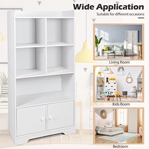 Giantex 4-Tier Bookcase with Doors, 47.5" Tall Freestanding White Bookshelf with 3 Shelves, 4 Cubes Storage Cabinet Organizer for Kids Room Office Living Room Bedroom Study