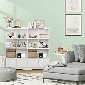 Giantex 4-Tier Bookcase with Doors, 47.5" Tall Freestanding White Bookshelf with 3 Shelves, 4 Cubes Storage Cabinet Organizer for Kids Room Office Living Room Bedroom Study