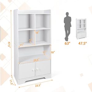 Giantex 4-Tier Bookcase with Doors, 47.5" Tall Freestanding White Bookshelf with 3 Shelves, 4 Cubes Storage Cabinet Organizer for Kids Room Office Living Room Bedroom Study