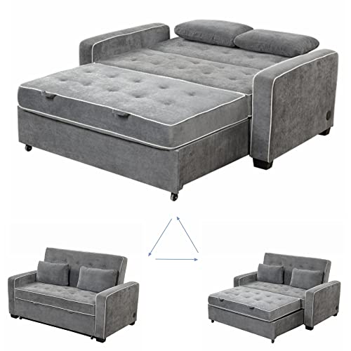 Gynsseh Pull Out Sofa Sleeper, 3 in 1 Convertible Sleeper Sofa Bed with Dual USB Ports and 2 Pillows, Linen Upholstered Adjustable Loveseat Couch with Pull Out Bed for Living Room (Blue Gray)