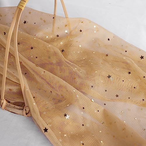 HAVII 54" x 8 Yards Gold Glitter Tulle Rolls Star Moon Sequin Tulle Fabric Bolt for Tutu Table Skirts DIY Sewing Crafts Wedding Party Backdrop Decoration