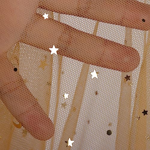 HAVII 54" x 8 Yards Gold Glitter Tulle Rolls Star Moon Sequin Tulle Fabric Bolt for Tutu Table Skirts DIY Sewing Crafts Wedding Party Backdrop Decoration