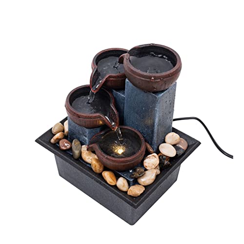 Indoor 4-Tier Relaxation Tabletop Fountain Waterfall Function，with Warm Color LED Lights and 3-Level Adjustable Water Pump for Home and Office Decoration Brown