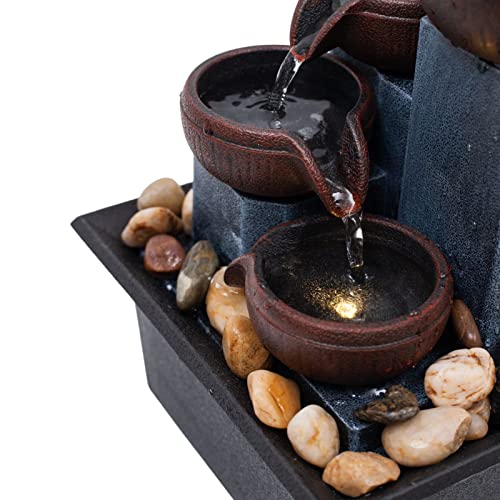 Indoor 4-Tier Relaxation Tabletop Fountain Waterfall Function，with Warm Color LED Lights and 3-Level Adjustable Water Pump for Home and Office Decoration Brown