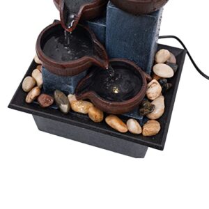 Indoor 4-Tier Relaxation Tabletop Fountain Waterfall Function，with Warm Color LED Lights and 3-Level Adjustable Water Pump for Home and Office Decoration Brown