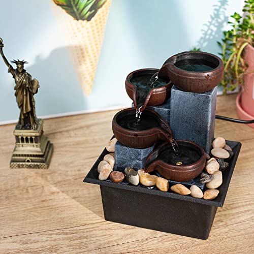 Indoor 4-Tier Relaxation Tabletop Fountain Waterfall Function，with Warm Color LED Lights and 3-Level Adjustable Water Pump for Home and Office Decoration Brown
