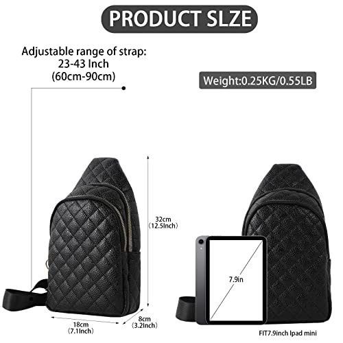 EMBRUNIOICE PU Leather Sling Bag for Women Quilted Crossbody Sling Backpack for Cycling Hiking Travel（Black）