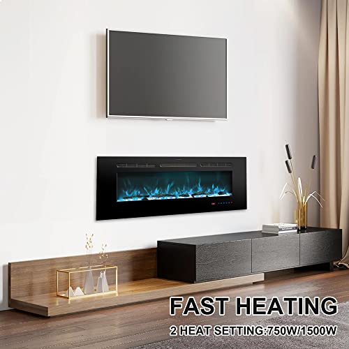 Rodalflame 72 Inches Electric Fireplace Inserts, Recessed and Wall Mounted Fireplace Heater for Indoor Use with Remote Control, 13 Color Flames with Log &Crystal, 9H Timer, 750/1500W