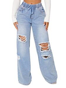 floerns women's drawstring waist cut out ripper wide leg denim pants jeans light blue m