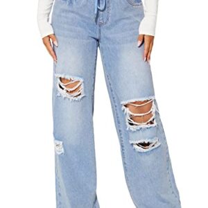 Floerns Women's Drawstring Waist Cut Out Ripper Wide Leg Denim Pants Jeans Light Blue M