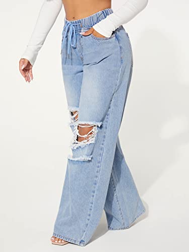 Floerns Women's Drawstring Waist Cut Out Ripper Wide Leg Denim Pants Jeans Light Blue M