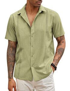 coofandy men's casual dress shirt solid short sleeve button up summer shirts cuban shirt## light green