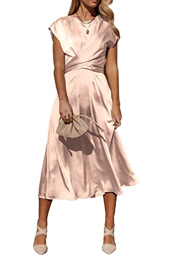 PRETTYGARDEN Women's 2023 Summer Satin Midi Dress Cap Sleeve Tie Waist Elegant A-Line Flowy Dresses (Champagne,Small)