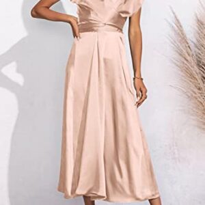 PRETTYGARDEN Women's 2023 Summer Satin Midi Dress Cap Sleeve Tie Waist Elegant A-Line Flowy Dresses (Champagne,Small)