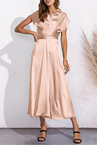 PRETTYGARDEN Women's 2023 Summer Satin Midi Dress Cap Sleeve Tie Waist Elegant A-Line Flowy Dresses (Champagne,Small)