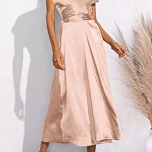 PRETTYGARDEN Women's 2023 Summer Satin Midi Dress Cap Sleeve Tie Waist Elegant A-Line Flowy Dresses (Champagne,Small)