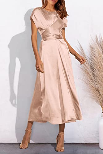 PRETTYGARDEN Women's 2023 Summer Satin Midi Dress Cap Sleeve Tie Waist Elegant A-Line Flowy Dresses (Champagne,Small)