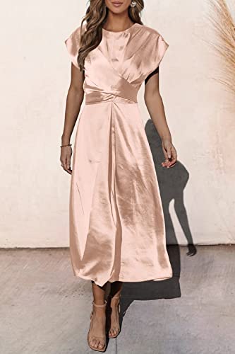 PRETTYGARDEN Women's 2023 Summer Satin Midi Dress Cap Sleeve Tie Waist Elegant A-Line Flowy Dresses (Champagne,Small)