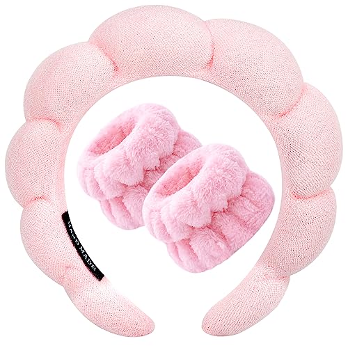 Zkptops Spa Headband for Washing Face Wristband Set Sponge Makeup Skincare Headband Wrist Towels Bubble Soft Get Ready Hairband for Women Girls Puffy Headwear Non Slip Thick Thin Hair Accessory(Pink)