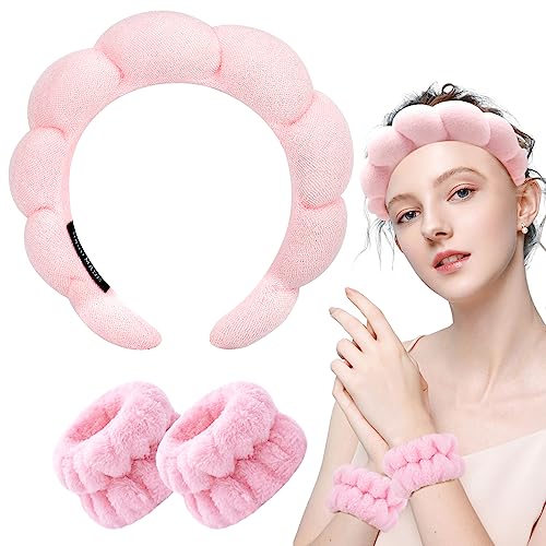 Zkptops Spa Headband for Washing Face Wristband Set Sponge Makeup Skincare Headband Wrist Towels Bubble Soft Get Ready Hairband for Women Girls Puffy Headwear Non Slip Thick Thin Hair Accessory(Pink)