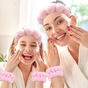 Zkptops Spa Headband for Washing Face Wristband Set Sponge Makeup Skincare Headband Wrist Towels Bubble Soft Get Ready Hairband for Women Girls Puffy Headwear Non Slip Thick Thin Hair Accessory(Pink)