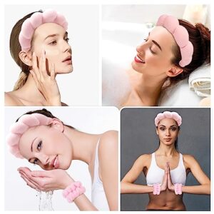 Zkptops Spa Headband for Washing Face Wristband Set Sponge Makeup Skincare Headband Wrist Towels Bubble Soft Get Ready Hairband for Women Girls Puffy Headwear Non Slip Thick Thin Hair Accessory(Pink)