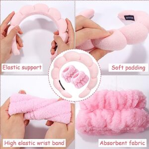 Zkptops Spa Headband for Washing Face Wristband Set Sponge Makeup Skincare Headband Wrist Towels Bubble Soft Get Ready Hairband for Women Girls Puffy Headwear Non Slip Thick Thin Hair Accessory(Pink)