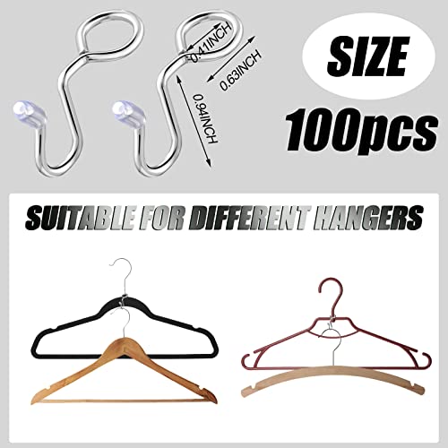 Clothes Hanger Connector Hooks Metal Hanger Extender Hooks Metal Outfit Hangers Extender Clips Silver Clothes Extender Hooks for Clothes Organizer Closet (100 Pcs)