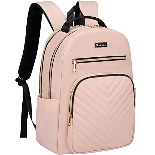 Bonioka Laptop Backpack for Women, Laptop Bag Travel Backpacks for Work Travel 15.6 Inch with USB Charing Port Luggage Strap Pink