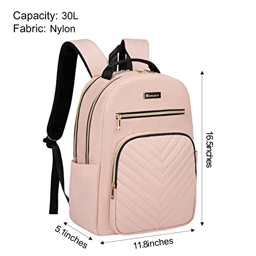 Bonioka Laptop Backpack for Women, Laptop Bag Travel Backpacks for Work Travel 15.6 Inch with USB Charing Port Luggage Strap Pink