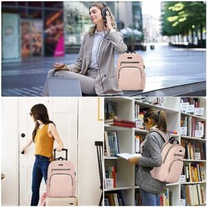 Bonioka Laptop Backpack for Women, Laptop Bag Travel Backpacks for Work Travel 15.6 Inch with USB Charing Port Luggage Strap Pink