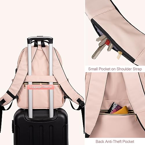 Bonioka Laptop Backpack for Women, Laptop Bag Travel Backpacks for Work Travel 15.6 Inch with USB Charing Port Luggage Strap Pink