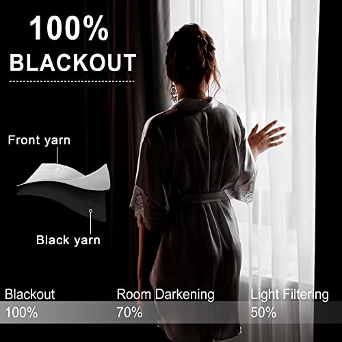 XWZO 100% Blackout Curtains 2 Panels with Tiebacks- Heat and Full Light Blocking Window Treatment with Black Liner for Bedroom/Nursery, Grommet Top，White, W52 x L84 Inches Long, Set of 2