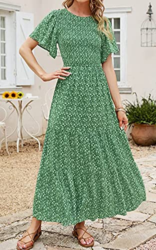 PRETTYGARDEN Womens Casual Floral Crew Neck Flutter Short Sleeve Long Summer Holiday Dress Party Maxi Wedding Guest Dresses (Green,Large)