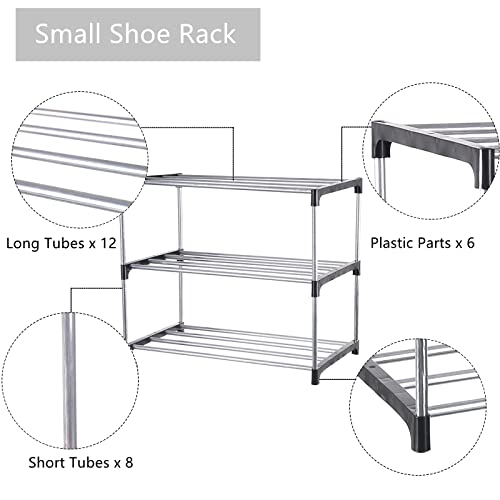 Fouews Small Shoe Rack, Narrow Stackable Shoe Shelf Organizer for Entryway, Doorway and Bedroom Closet (3-Tier, Black)