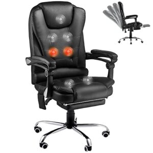 YODOLLA Ergonomic Reclining Office Chair, Heat & Massage High Back Desk Chair w/Retractable Footrest, Executive Swivel Leather Chair for Office, Home, Study, Black