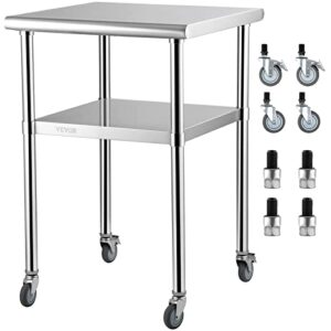 vevor stainless steel prep table, 24 x 24 x 36 inch, 600lbs load capacity heavy duty metal worktable with adjustable undershelf & universal wheels, commercial workstation for kitchen garage backyard