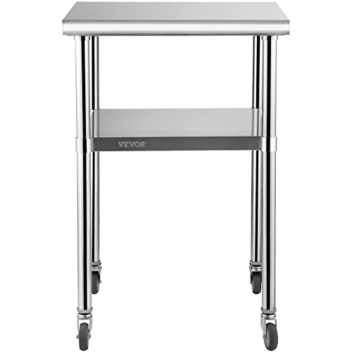 VEVOR Stainless Steel Prep Table, 24 x 24 x 36 Inch, 600lbs Load Capacity Heavy Duty Metal Worktable with Adjustable Undershelf & Universal Wheels, Commercial Workstation for Kitchen Garage Backyard