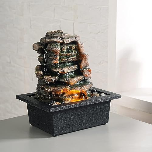 GOSSI Home Décor Waterfall Meditation Fountain Indoor Tabletop Many Natural River Rocks Decorated Office Home Table Fountion with LED Lights (22103)