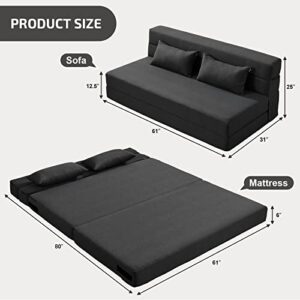 SUYOLS Folding Sofa Bed with Pillows - Convertible Chair Floor Couch & Sleeping Mattress - Foldable Memory Foam Sleeper for Living Room/Dorm/Guest Room/Home Office/Apartment/Upstairs Loft, Dark Grey