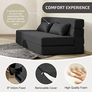 SUYOLS Folding Sofa Bed with Pillows - Convertible Chair Floor Couch & Sleeping Mattress - Foldable Memory Foam Sleeper for Living Room/Dorm/Guest Room/Home Office/Apartment/Upstairs Loft, Dark Grey