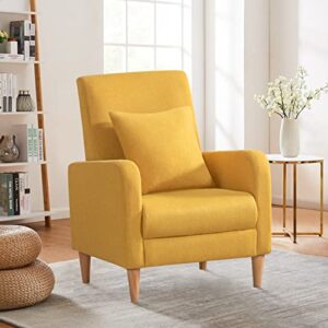 colamy modern upholstered accent chair armchair with pillow, fabric reading living room side chair,single sofa with lounge seat and wood legs,yellow