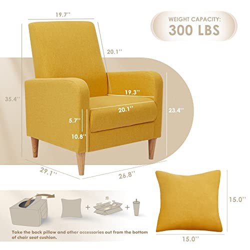COLAMY Modern Upholstered Accent Chair Armchair with Pillow, Fabric Reading Living Room Side Chair,Single Sofa with Lounge Seat and Wood Legs,Yellow