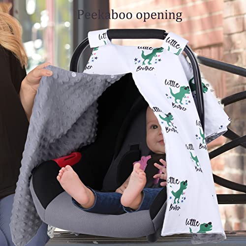 Winter Car Seat Covers for Babies Boys, Rquite Minky Infant Car Seat Canopy, Warm Baby Carrier Cover with Peekaboo Opening, Multiuse Nursing Cover, Little Brother