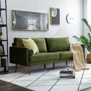 vonanda velvet sofa couch, mid century modern craftsmanship 73 inch 3-seater sofa with comfy tufted back cushions and 2 bolster pillows for compact living room, elegant mustard green