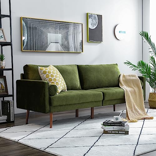 Vonanda Velvet Sofa Couch, Mid Century Modern Craftsmanship 73 inch 3-Seater Sofa with Comfy Tufted Back Cushions and 2 Bolster Pillows for Compact Living Room, Elegant Mustard Green