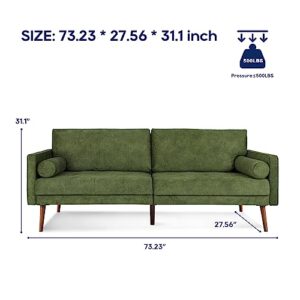 Vonanda Velvet Sofa Couch, Mid Century Modern Craftsmanship 73 inch 3-Seater Sofa with Comfy Tufted Back Cushions and 2 Bolster Pillows for Compact Living Room, Elegant Mustard Green