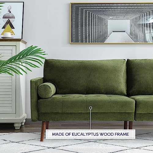 Vonanda Velvet Sofa Couch, Mid Century Modern Craftsmanship 73 inch 3-Seater Sofa with Comfy Tufted Back Cushions and 2 Bolster Pillows for Compact Living Room, Elegant Mustard Green